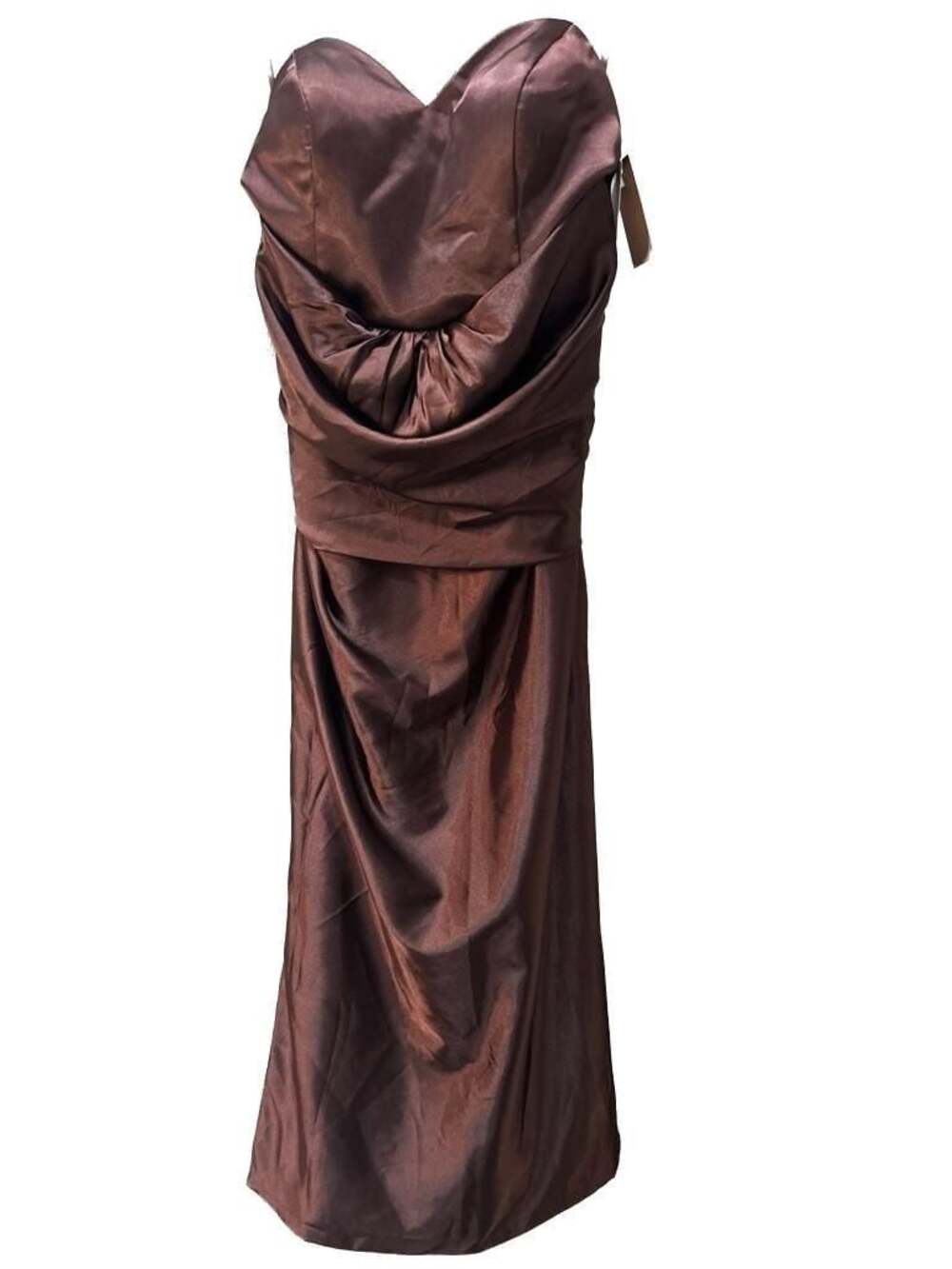Missacc Chocolate Brown Strapless Satin Gown with Ruched Bodice and Back Bow Sz
